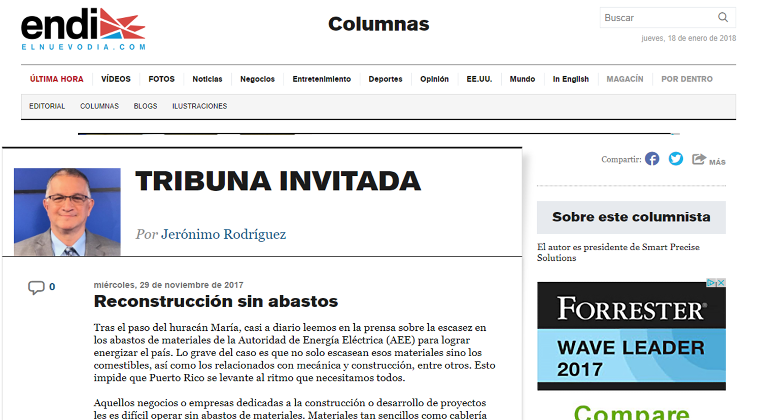 Tribuna invitada-reconstruccion sin abastos- El Nuevo Dia. Smart Precise Solutions. Ing. Jeronimo Rodriguez